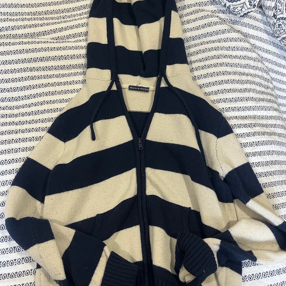 Brandy Melville Navy and Cream Striped Zip-Up Hoodie Sweater